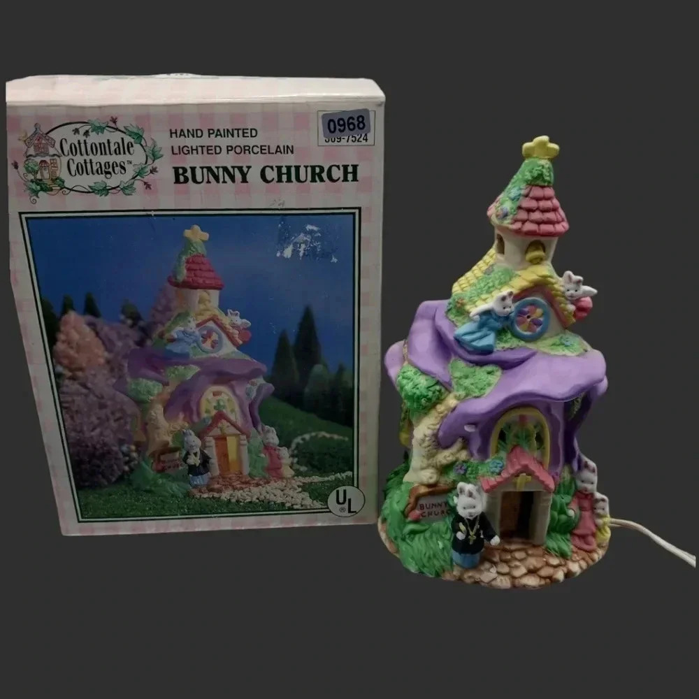 Cottontale cottage lighted porcelain bunny church multicolor